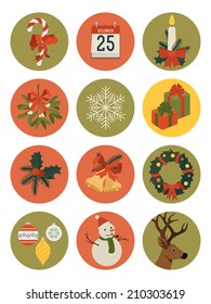 Vector set of twelve christmas themed circle shaped icons | Everything for christmas design | Xmas decoration icons: mistletoe, stocking, gift boxes, calendar, stick candy, wreath, bells and more