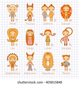 vector set of the twelve color hand drawing Zodiac Signs Aries, Taurus, Gemini, Cancer, Leo, Virgo, Libra, Scorpio, Sagittarius, Capricorn, Aquarius, Pisces
