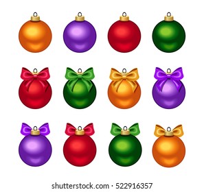 Vector set of twelve colorful Christmas balls with bows isolated on a white background.