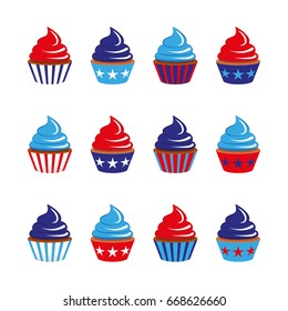 vector set of twelve cupcakes in blue and red colors. EPS