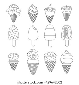 Vector Set of twelve delicious ice-creams. Different kinds of ice cream May be use for children's coloring book