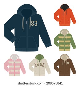 Vector set of twelve different colorful and decorated hooded sweatshirts with color combinations and stripes isolated