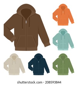 Vector set of twelve different colorful hooded sweatshirts isolated