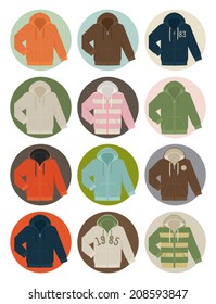 Vector set of twelve different colorful hooded sweatshirts circle icons on white background