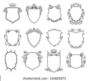 Vector set of twelve different heraldic shields with various decorative elements on a white background. Coat of arms, heraldry, emblem, symbol. Made in monochrome style. Line art. Vector illustration.