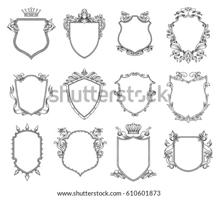 Vector set of twelve different heraldic shields with various decorative elements on a white background. Coat of arms, heraldry, emblem, symbol. Made in monochrome style. Line art. Vector illustration.