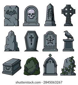 Vector set of twelve distinct graveyard markers including tombstones, crosses, and obelisks. Designed for Halloween gaming UI, spooky editorial layouts, and digital assets.