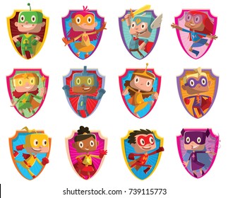 Vector set of twelve frames in the form of shields with cartoon images of funny little boys and girls in various colors superhero costumes with different actions and emotions on a white background. 