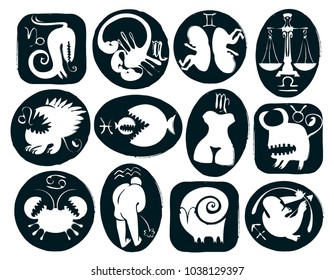 Vector set of twelve funny and scary signs of the zodiac. Black and white icons for astrology horoscopes