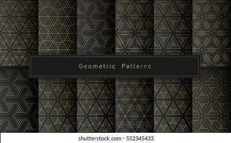 Conjunto vetorial de doze padrões geométricos poligonais dourados sem costura no fundo preto. Estilo minimalista.
