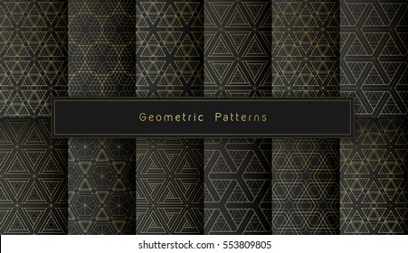 Vector set of twelve golden polygonal geometric seamless patterns on black background. Minimalistic style. Part four.