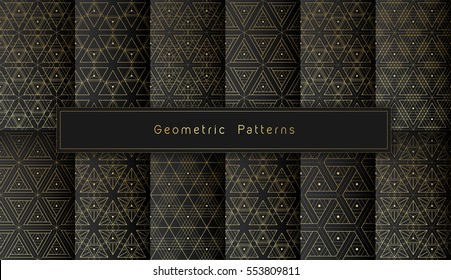 Vector set of twelve golden polygonal geometric seamless patterns on black background. Minimalistic style. Part three.