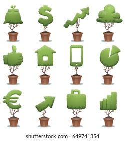 Vector set of twelve green bonsai trees in the form of different business icons on a white background. Business, icon, finance, office, nature, gardening. Vector illustration.