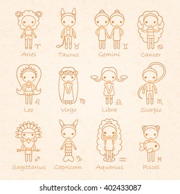 vector set of the twelve hand drawing Zodiac Signs Aries, Taurus, Gemini, Cancer, Leo, Virgo, Libra, Scorpio, Sagittarius, Capricorn, Aquarius, Pisces and texture of paper