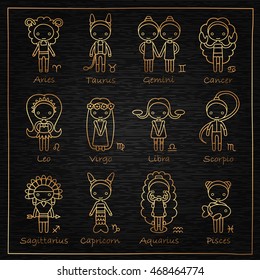 vector set of the twelve hand drawing golden Zodiac signs Aries, Taurus, Gemini, Cancer, Leo, Virgo, Libra, Scorpio, Sagittarius, Capricorn, Aquarius, Pisces and black wooden background