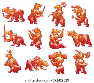 Vector set of twelve images of bronze heraldic bears in different poses with different weapons on a white background. Coat of arms, heraldry, emblem, symbol. Color image. Vector illustration.