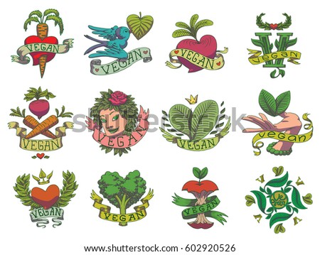 Vector set of twelve images of different color vegan emblems with green leaves, vegetables and hearts, with banners "Vegan" on a white background. Color image. Vegetarianism, veganism. Tattoo. 
