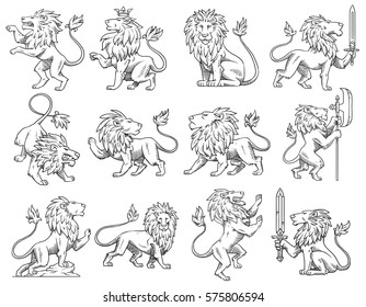 Vector set of twelve images of heraldic lions with big manes in different poses on a white background. Coat of arms, heraldry, emblem, symbol. Made in monochrome style. Vector illustration.