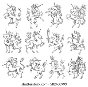 Vector set of twelve images of heraldic unicorns in different poses on a white background. Coat of arms, heraldry, emblem, symbol. Made in monochrome style. Vector illustration.