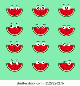 Vector set of twelve isolated watermelons-emoticons. Summer fruit: fresh and juicy cute slices watermelons collection. Flat cartoon style character illustration.