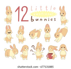 Vector set of twelve little emotional bunnies made in doodle style. Great for stickers, notes and any your design