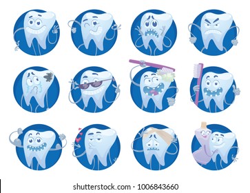 Vector set of twelve round blue frames with cartoon images of funny white teeth with different actions and emotions on a white background. Dentistry, health, teeth. Vector illustration.