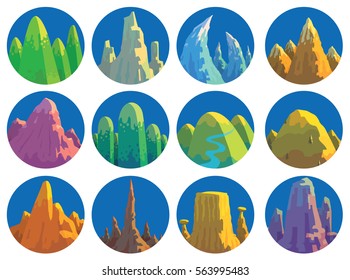 Vector set of twelve round blue labels with cartoon images of various mountains of different colors and shapes on a white background. Nature, climbing, background. Vector illustration.