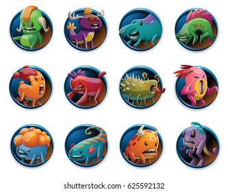 Vector set of twelve round blue frames with cartoon images of cute different colorful monsters in various poses on a white background. Positive character, creature, funny. Halloween.