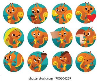 Vector set of twelve round blue frames with cartoon images of funny orange squirrels with different actions and emotions on a white background. Animal, forest, positive character. Vector illustration.