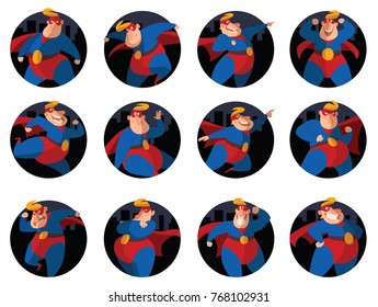 Vector set of twelve round city night frames with cartoon images of funny fat superheroes in red-blue suits, cloaks and red masks, with different actions and emotions on a white background. Comic. 