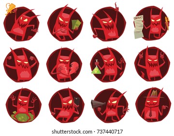 Vector set of twelve round dark red frames with cartoon images of funny red devils with horns and tails with different actions and emotions on a white background. Demon, positive character, business.