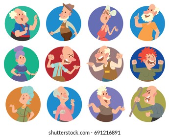 Vector set of twelve round frames with different funny old men and old women in various clothes with different actions and emotions on a white background. Retired, elderly. Vector illustration.