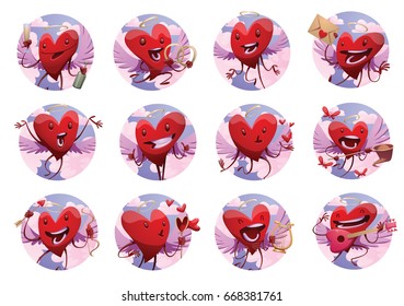 Vector set of twelve round heavenly frames with cartoon images of funny red hearts with lilac wings and golden halos, with different actions and emotions on a white background. St. Valentine's Day. 