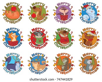 Vector set of twelve round "Merry Christmas" frames with cartoon images of cute various Christmas cats and dogs smiling with different actions on a white background. Christmas, New Year, holiday.