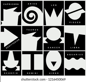 Vector set of twelve signs of the zodiac in a primitive style. Black and white abstract icons with names for astrological horoscopes.