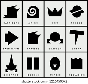 Vector set of twelve signs of the zodiac in a primitive style. Black and white abstract icons with names for astrological horoscopes.