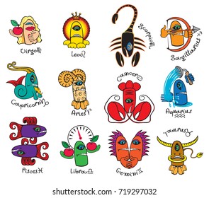 Vector set of twelve signs of the zodiac in the form of bright colored funny monsters in flat style. Icons for astrology horoscopes