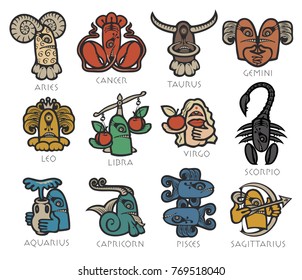 Vector set of twelve signs of the zodiac in the form of bright colored funny monsters in flat style. Icons for astrology horoscopes