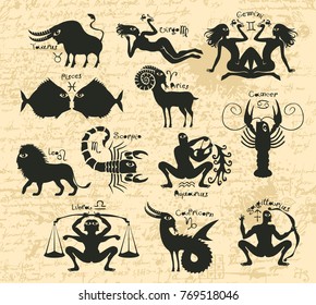 Vector set of twelve signs of the zodiac with inscriptions and symbols on a background of the ancient manuscript. Icons for astrology horoscopes