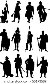 Vector Set of twelve silhouettes of Knights in various positions.