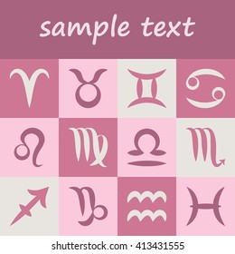 vector set of twelve simple zodiac symbols - horoscope signs on old pink background with copy space