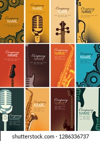 Vector set of twelve vertical business cards with musical instruments and other music equipment on bright colored backgrounds