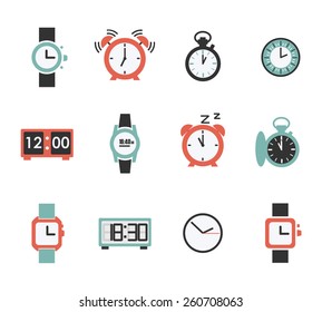 Vector set of twelve watch icons in flat style isolated. Time or countdown  illustration
