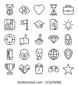 Vector set of twenty five black on white new trends in business icons | Gamification strategy in business icons set | Social media marketing and business innovation flat design line icons collection