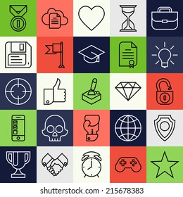 Vector set of twenty five colorful new trends in business icons | Gamification strategy in business icons set | Social media marketing and business innovation flat design line icons collection