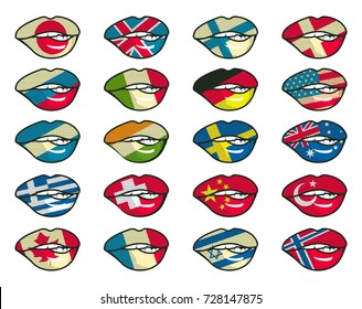 Vector set of twenty national flags stylized on sexual lips on a white background
