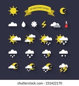 Vector set of twenty weather icons in trendy flat style