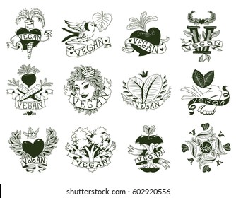 Vector set of tweve images of different vegan emblems with leaves, vegetables and hearts, with banners "Vegan" on a white background. Made in monochrome style. Vegetarianism, veganism. Tattoo. 