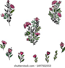 Vector. set of twigs in a rustic style, fancy flowers in the shape of a heart, for the decor of postcards, packaging.
