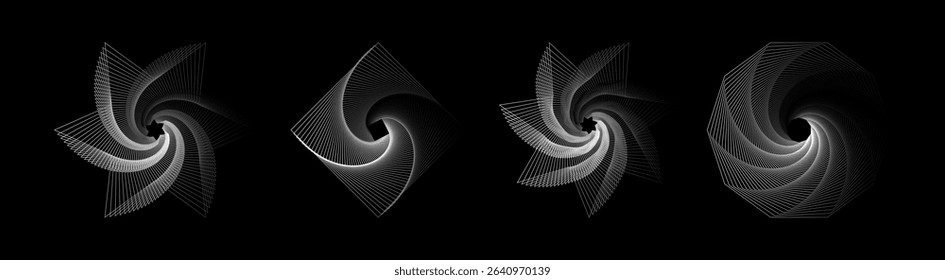 Vector set of twisted black geometry figures. Spirals fractal element. Sacred geometry with lines and rounded corners in the form star, square, decagon.